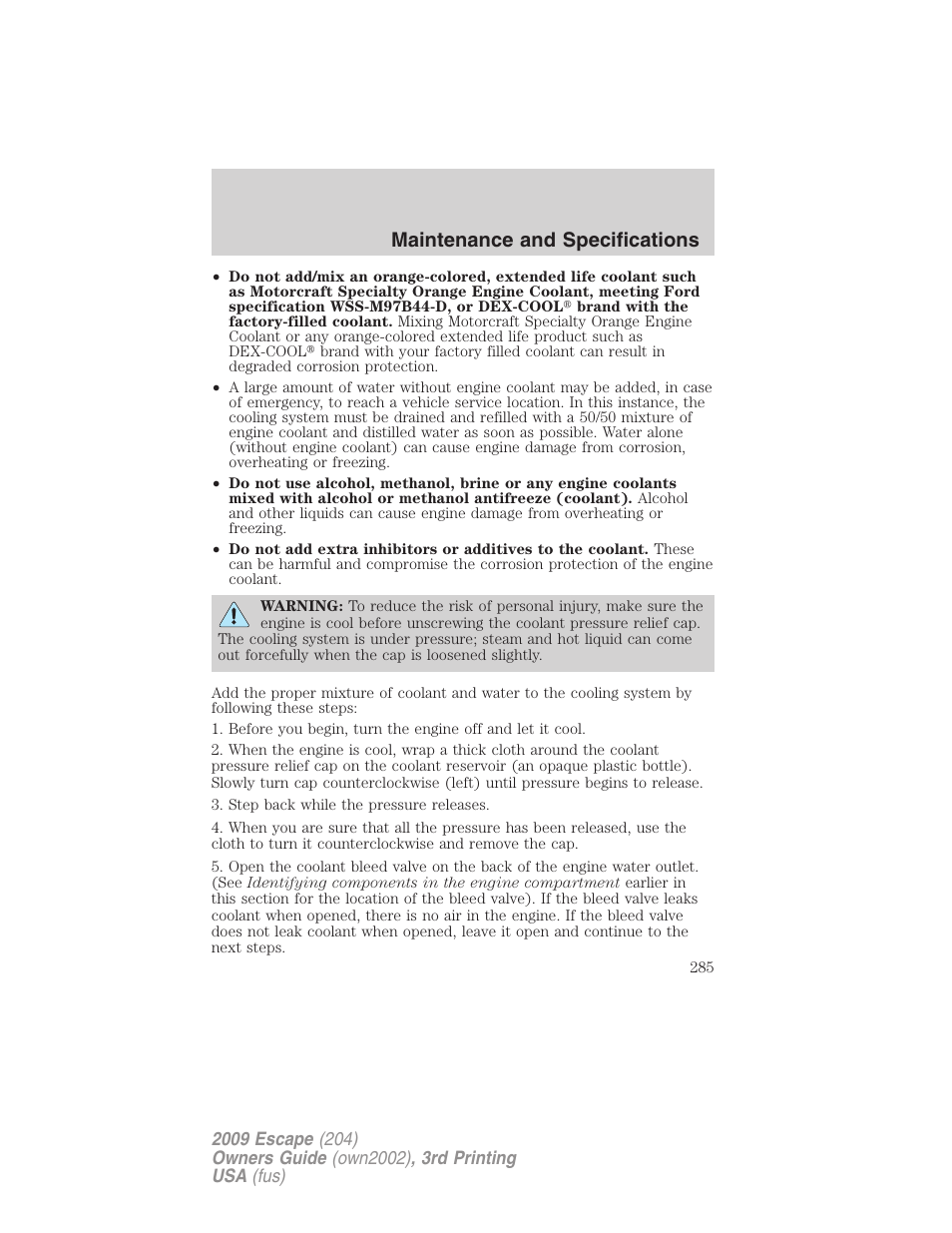 Maintenance and specifications | FORD 2009 Escape v.3 User Manual | Page 285 / 320