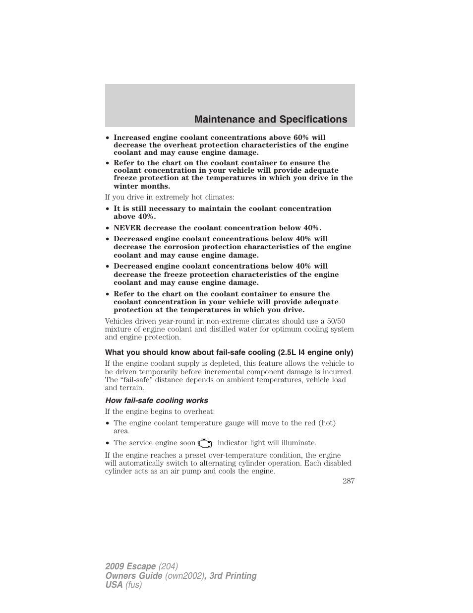 How fail-safe cooling works, Maintenance and specifications | FORD 2009 Escape v.3 User Manual | Page 287 / 320