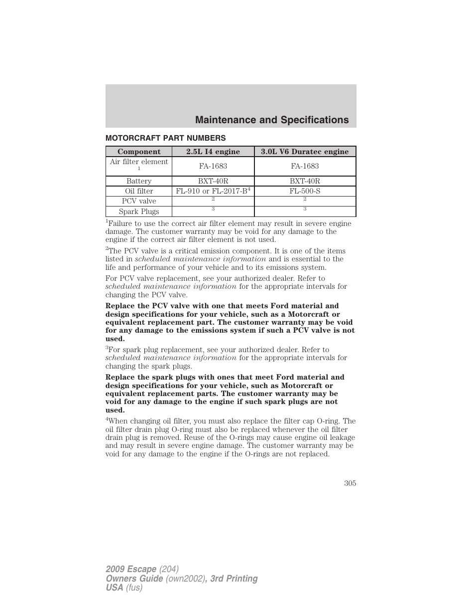 Motorcraft part numbers, Part numbers, Maintenance and specifications | FORD 2009 Escape v.3 User Manual | Page 305 / 320