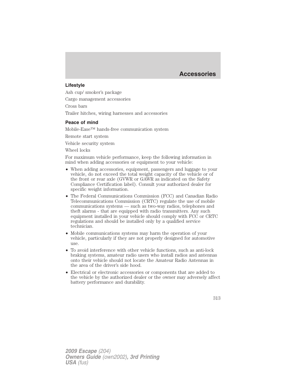 Lifestyle, Peace of mind, Accessories | FORD 2009 Escape v.3 User Manual | Page 313 / 320