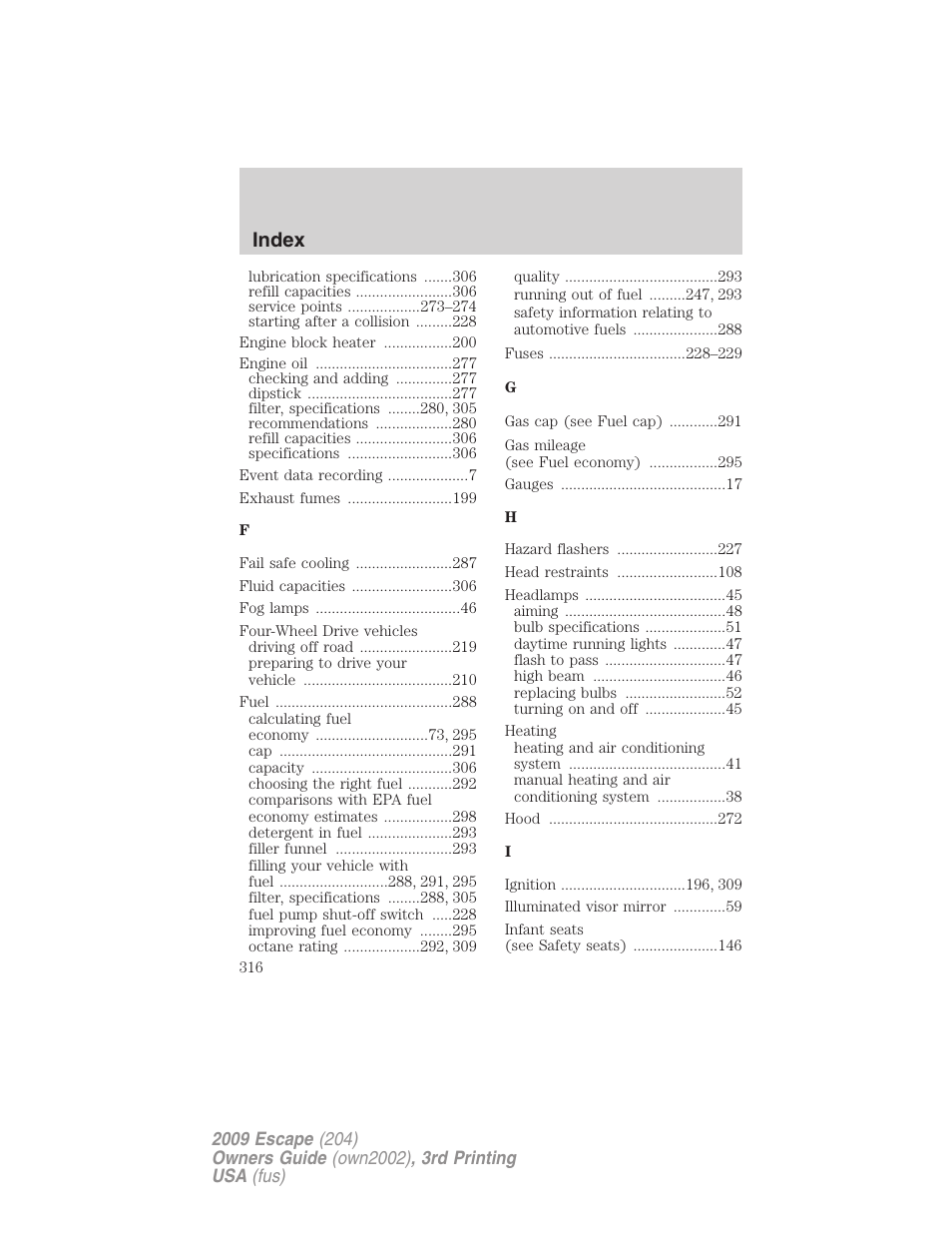 Index | FORD 2009 Escape v.3 User Manual | Page 316 / 320