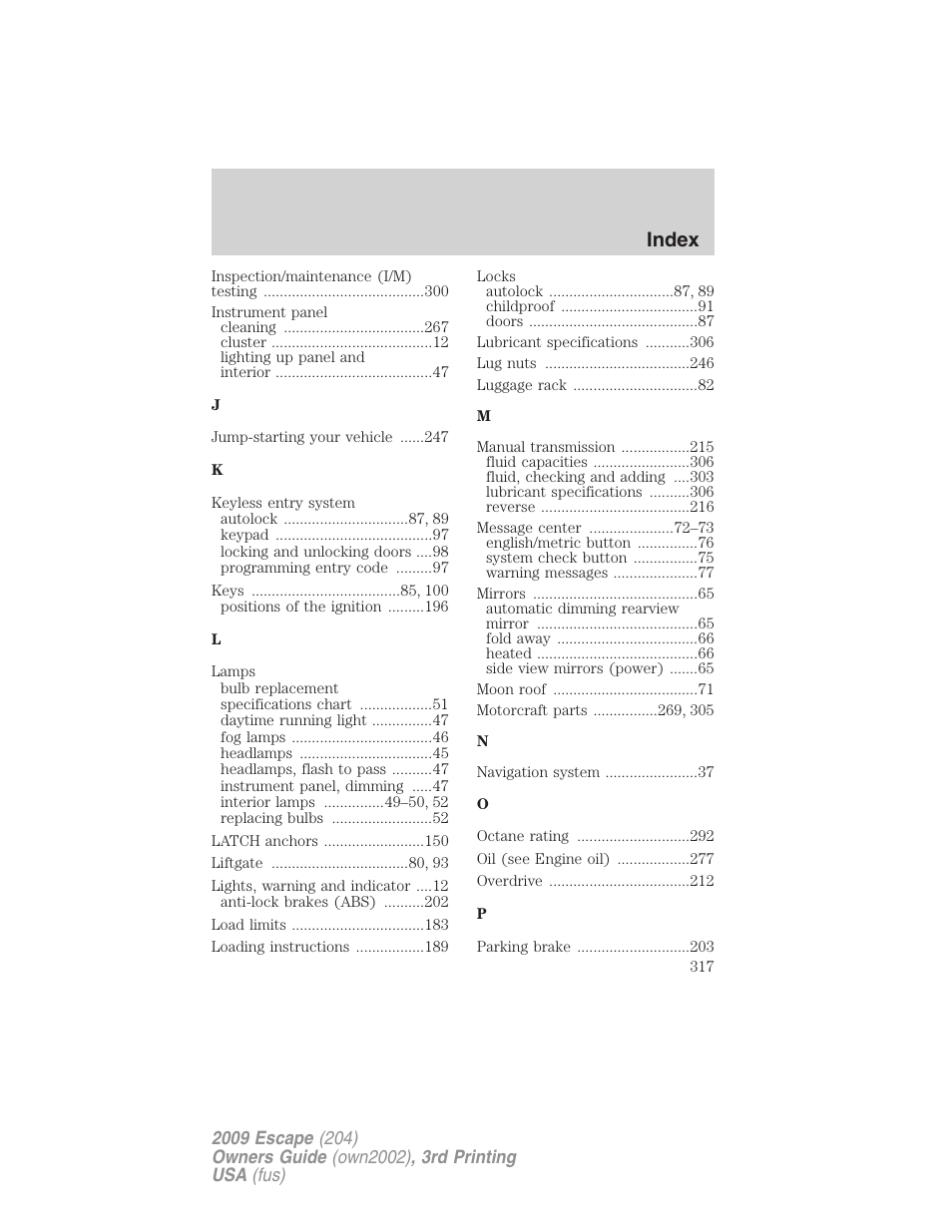 Index | FORD 2009 Escape v.3 User Manual | Page 317 / 320