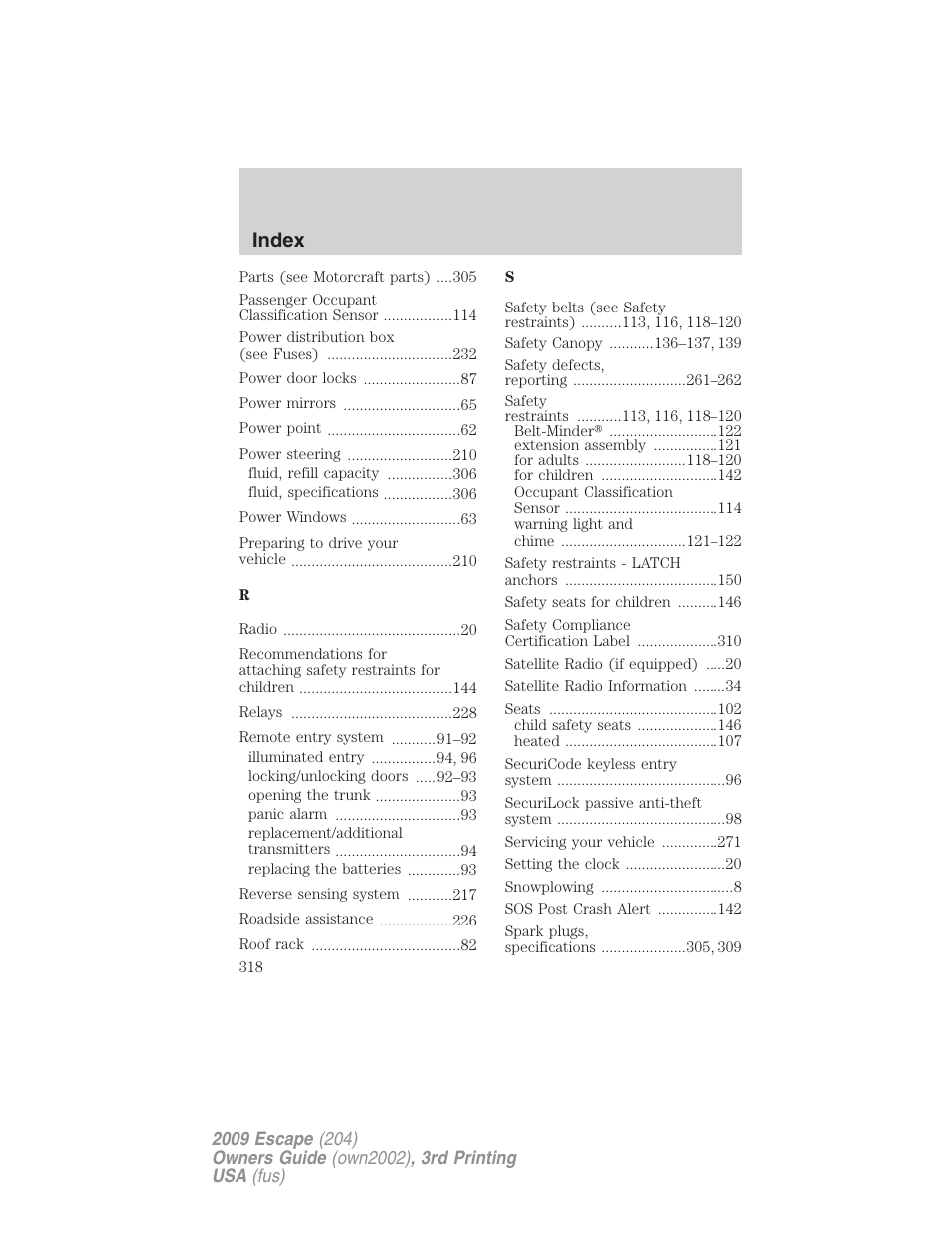 Index | FORD 2009 Escape v.3 User Manual | Page 318 / 320