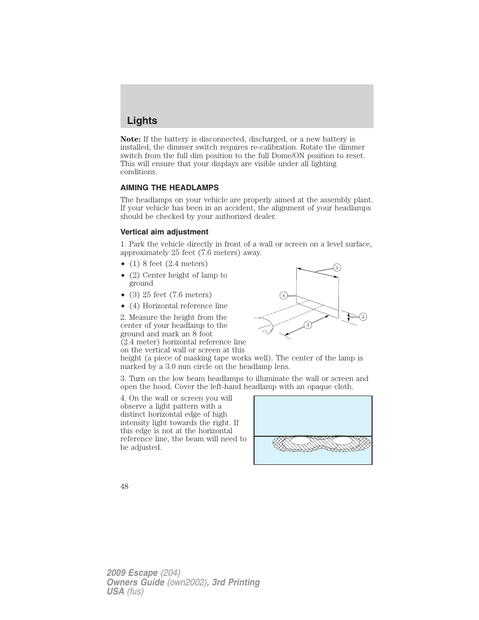 Aiming the headlamps, Vertical aim adjustment, Lights | FORD 2009 Escape v.3 User Manual | Page 48 / 320