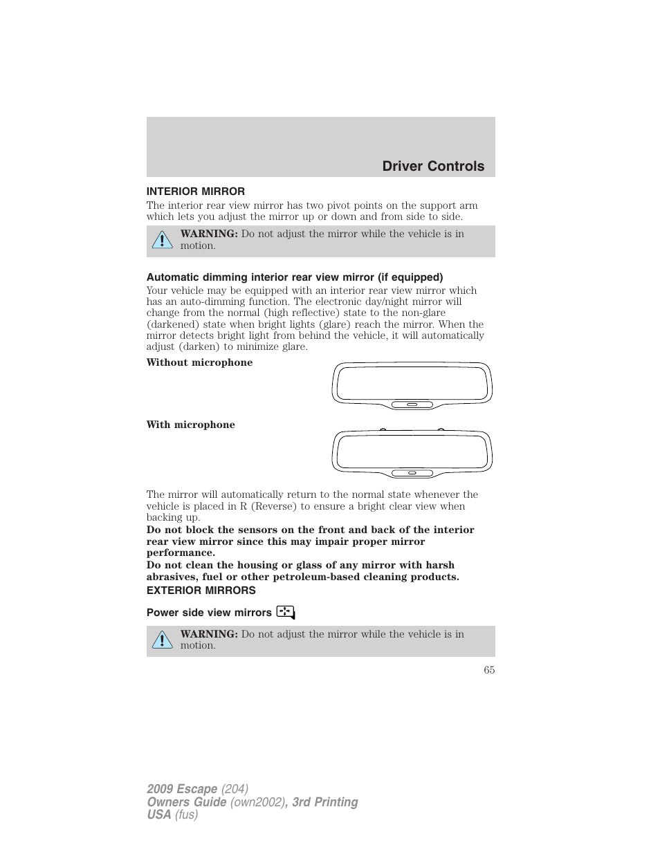 Interior mirror, Exterior mirrors, Power side view mirrors | Mirrors, Driver controls | FORD 2009 Escape v.3 User Manual | Page 65 / 320