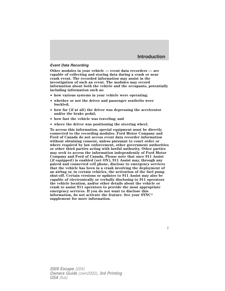 Event data recording, Introduction | FORD 2009 Escape v.3 User Manual | Page 7 / 320