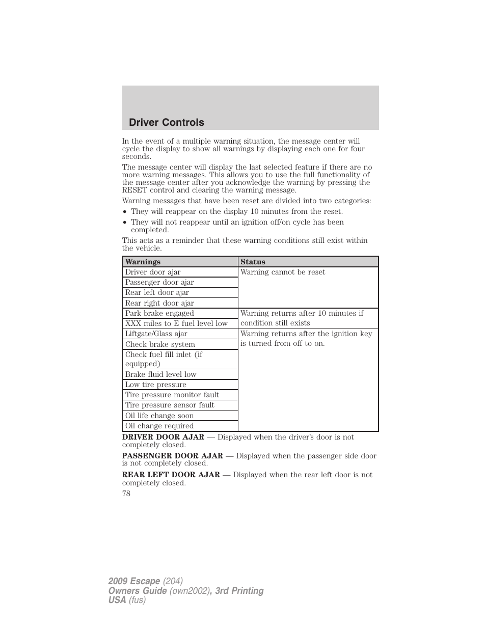 Driver controls | FORD 2009 Escape v.3 User Manual | Page 78 / 320