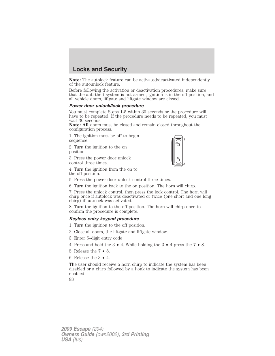 Power door unlock/lock procedure, Keyless entry keypad procedure, Locks and security | FORD 2009 Escape v.3 User Manual | Page 88 / 320