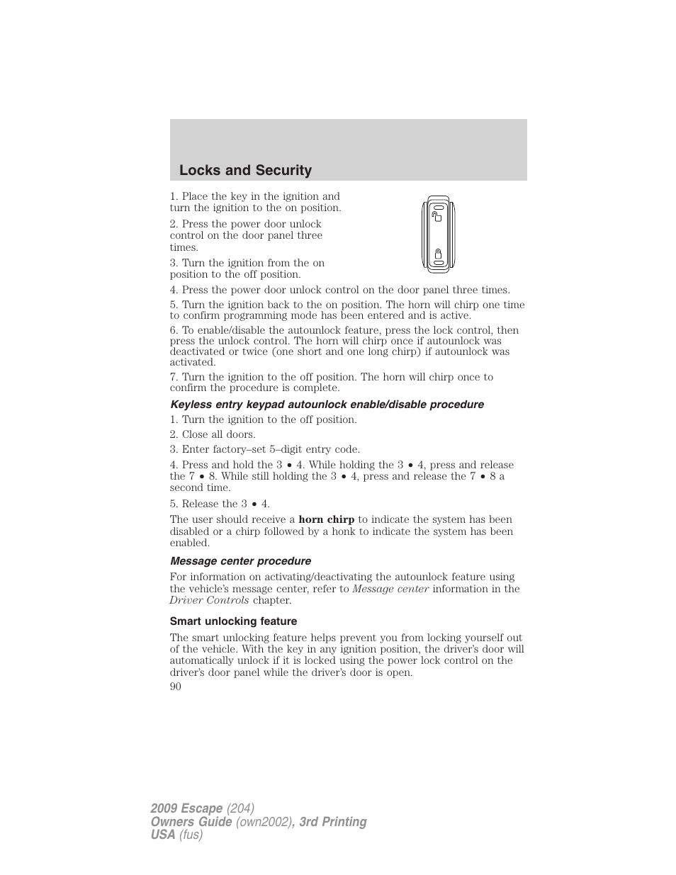 Message center procedure, Smart unlocking feature, Locks and security | FORD 2009 Escape v.3 User Manual | Page 90 / 320