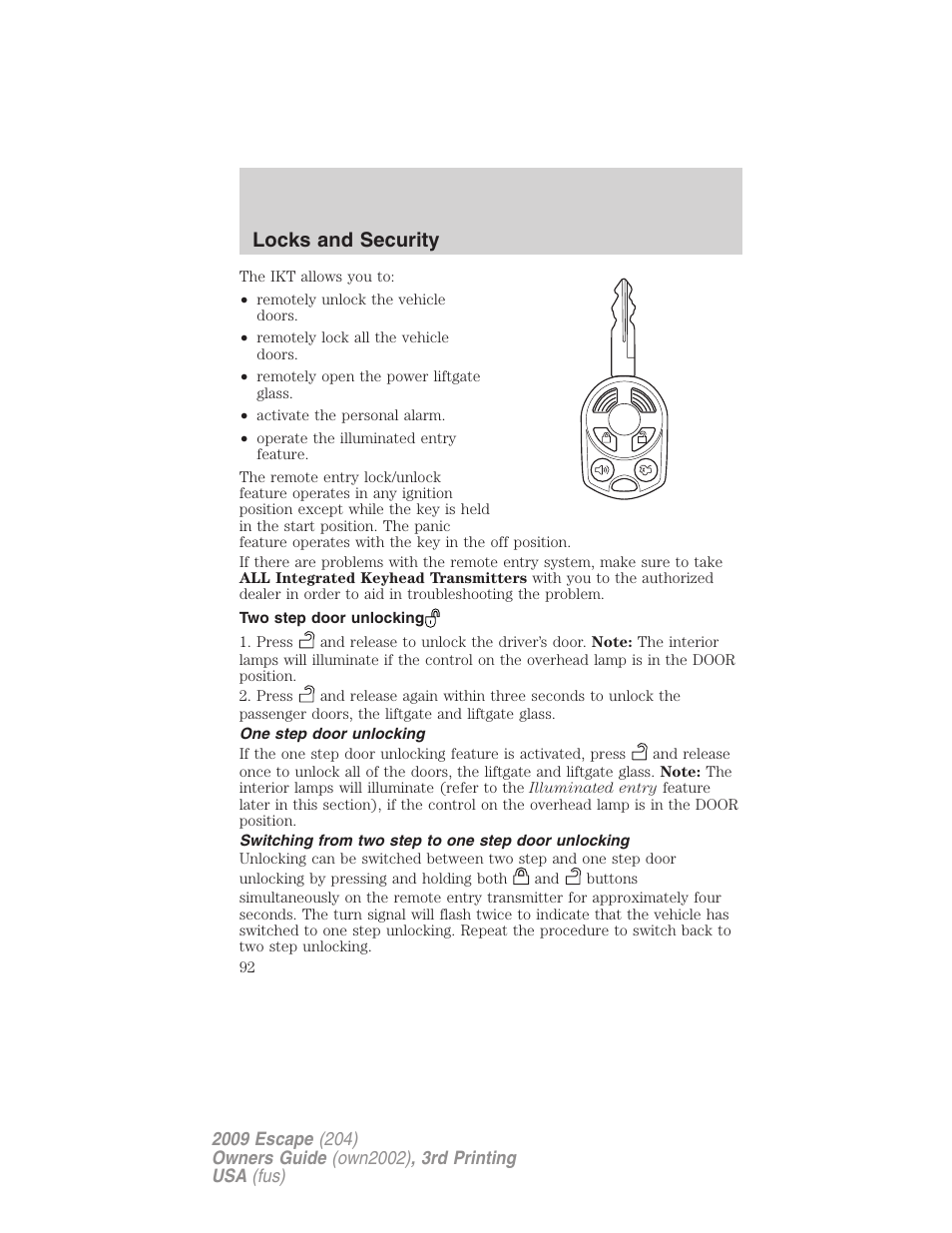 Two step door unlocking, One step door unlocking, Switching from two step to one step door unlocking | Locks and security | FORD 2009 Escape v.3 User Manual | Page 92 / 320