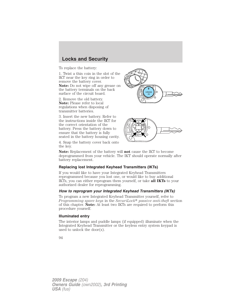 Illuminated entry, Locks and security | FORD 2009 Escape v.3 User Manual | Page 94 / 320