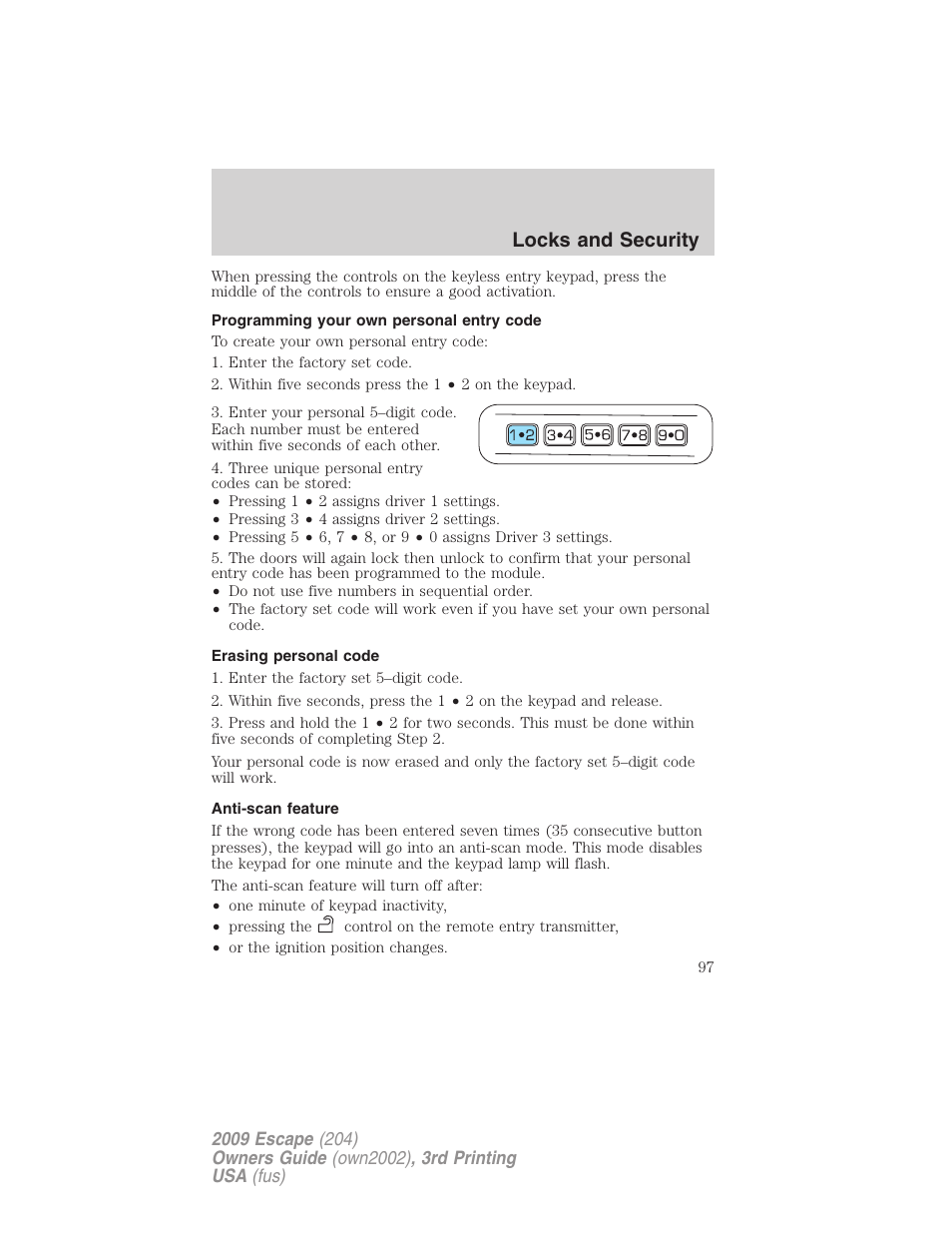 Programming your own personal entry code, Erasing personal code, Anti-scan feature | Locks and security | FORD 2009 Escape v.3 User Manual | Page 97 / 320