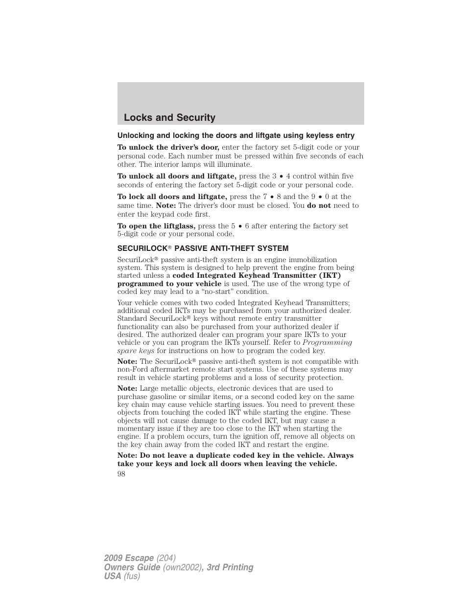 Securilock passive anti-theft system, Anti-theft system, Locks and security | FORD 2009 Escape v.3 User Manual | Page 98 / 320