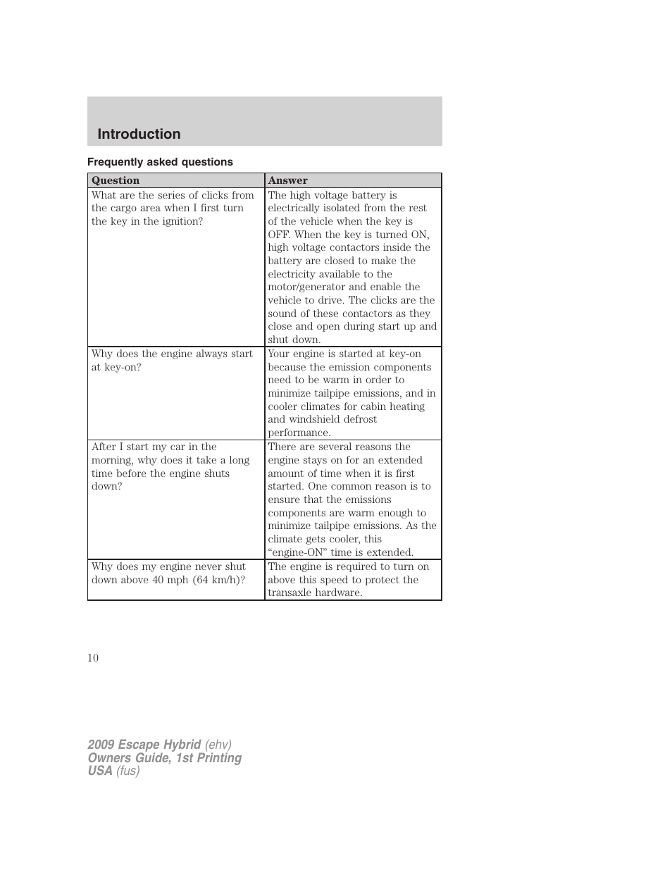 Frequently asked questions, Introduction | FORD 2009 Escape Hybrid v.1 User Manual | Page 10 / 333