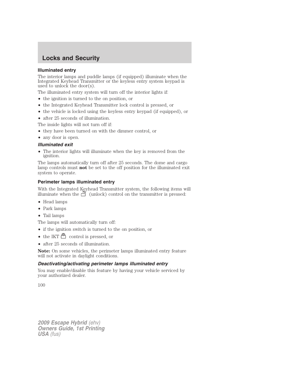 Illuminated entry, Illuminated exit, Perimeter lamps illuminated entry | Locks and security | FORD 2009 Escape Hybrid v.1 User Manual | Page 100 / 333