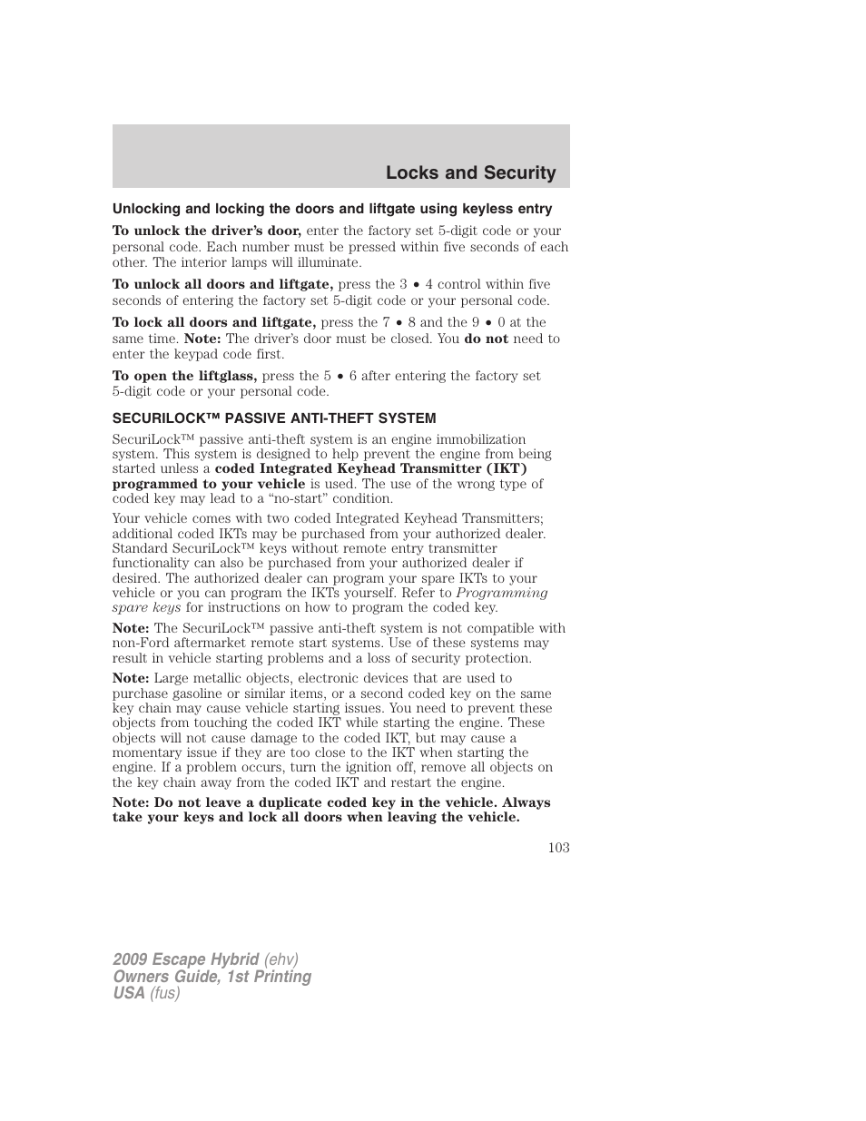 Securilock™ passive anti-theft system, Anti-theft system, Locks and security | FORD 2009 Escape Hybrid v.1 User Manual | Page 103 / 333