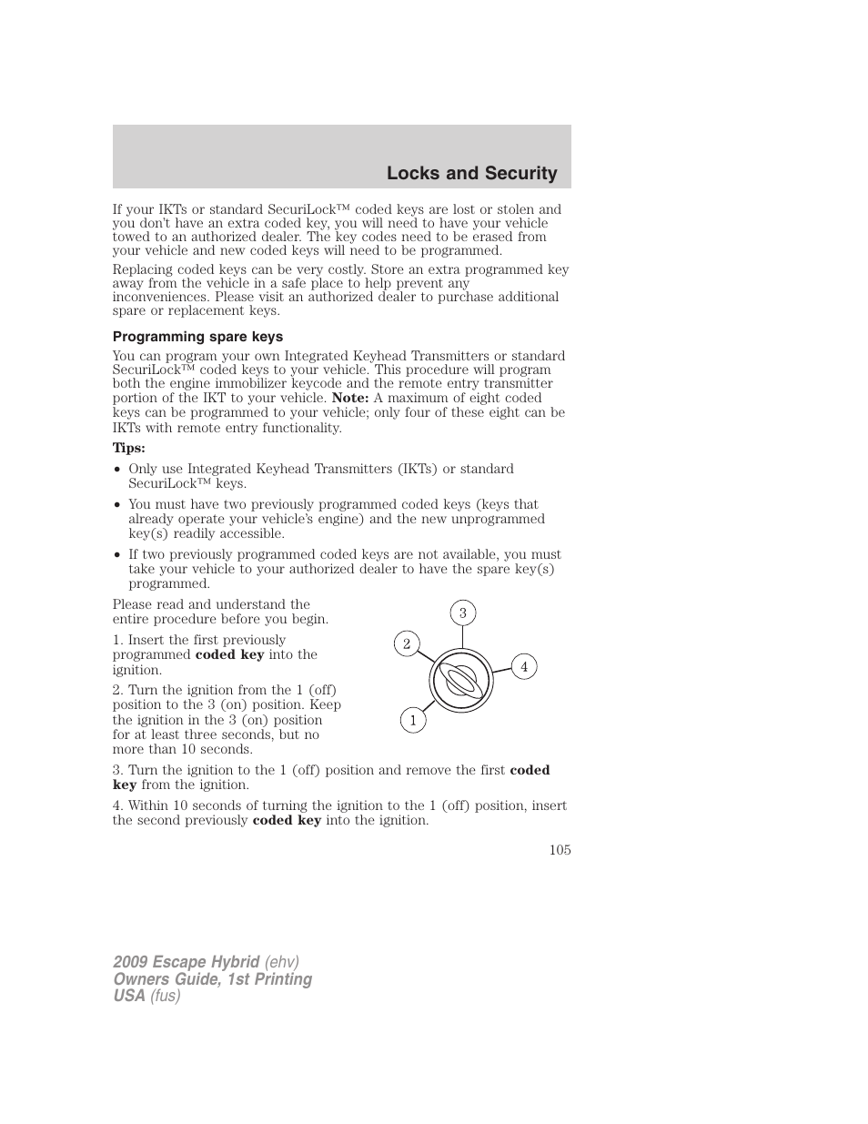 Programming spare keys, Locks and security | FORD 2009 Escape Hybrid v.1 User Manual | Page 105 / 333