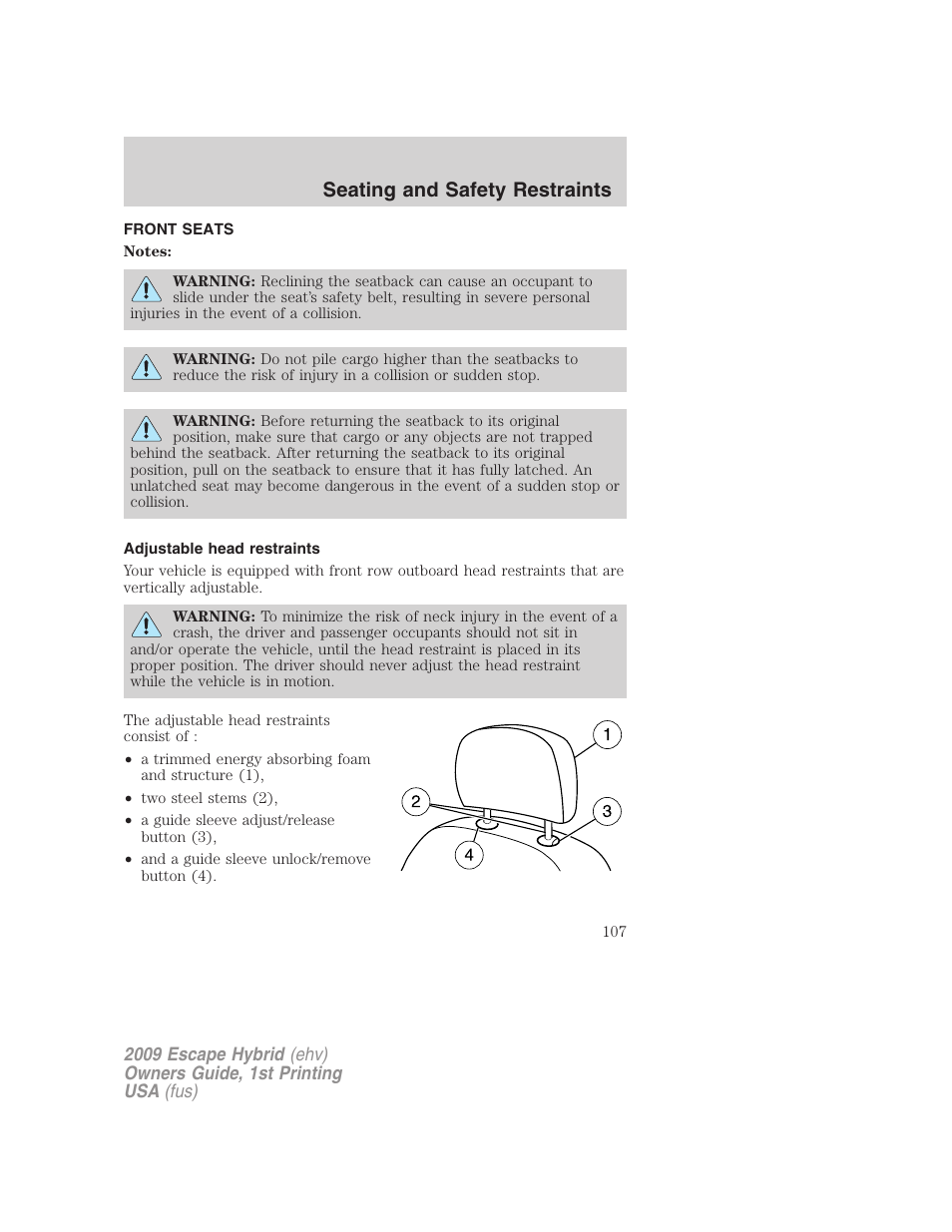 Seating and safety restraints, Front seats, Adjustable head restraints | Seating | FORD 2009 Escape Hybrid v.1 User Manual | Page 107 / 333