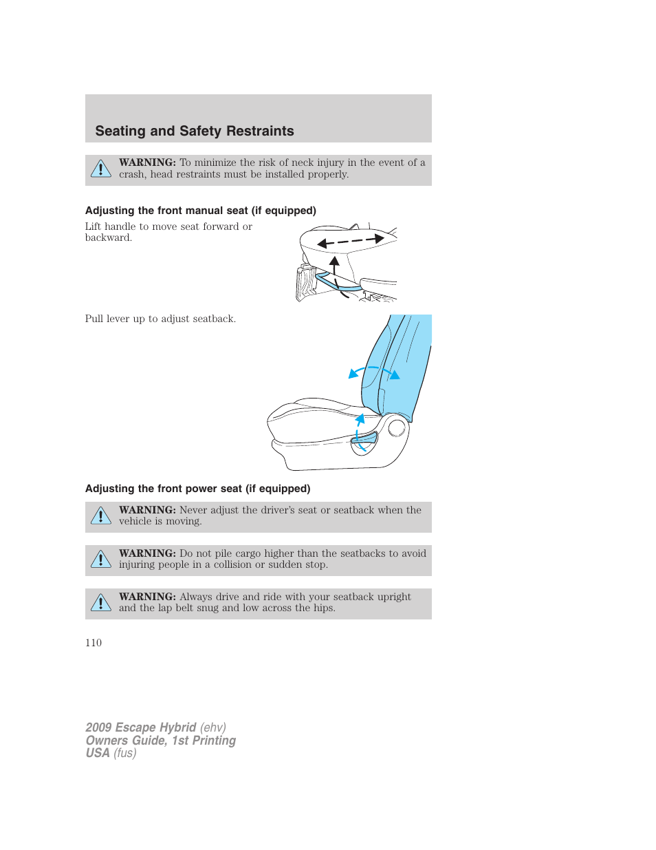 Adjusting the front manual seat (if equipped), Adjusting the front power seat (if equipped), Seating and safety restraints | FORD 2009 Escape Hybrid v.1 User Manual | Page 110 / 333