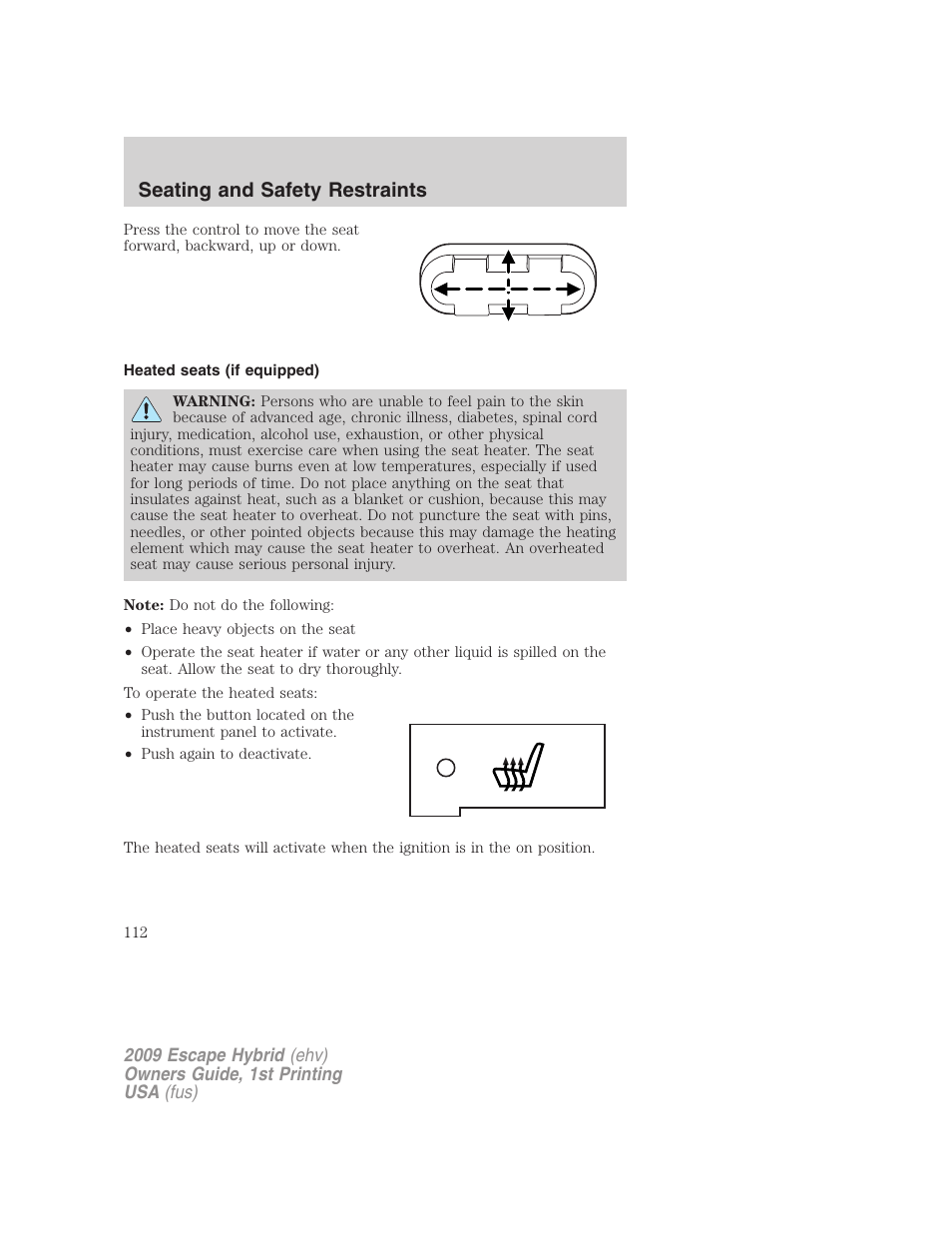 Heated seats (if equipped), Seating and safety restraints | FORD 2009 Escape Hybrid v.1 User Manual | Page 112 / 333