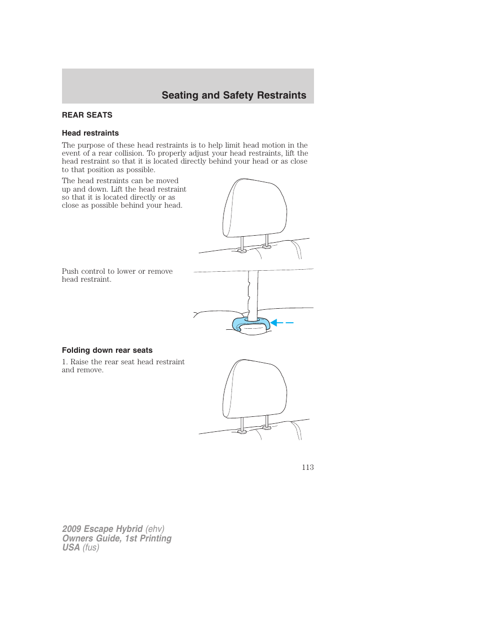 Rear seats, Head restraints, Folding down rear seats | Seating and safety restraints | FORD 2009 Escape Hybrid v.1 User Manual | Page 113 / 333