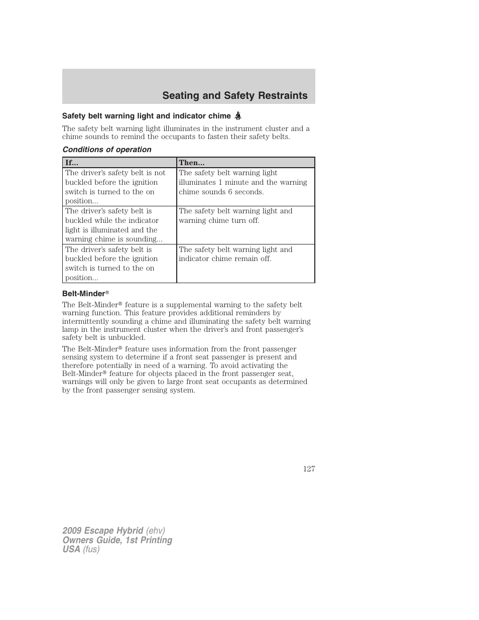 Safety belt warning light and indicator chime, Conditions of operation, Belt-minder | Seating and safety restraints | FORD 2009 Escape Hybrid v.1 User Manual | Page 127 / 333