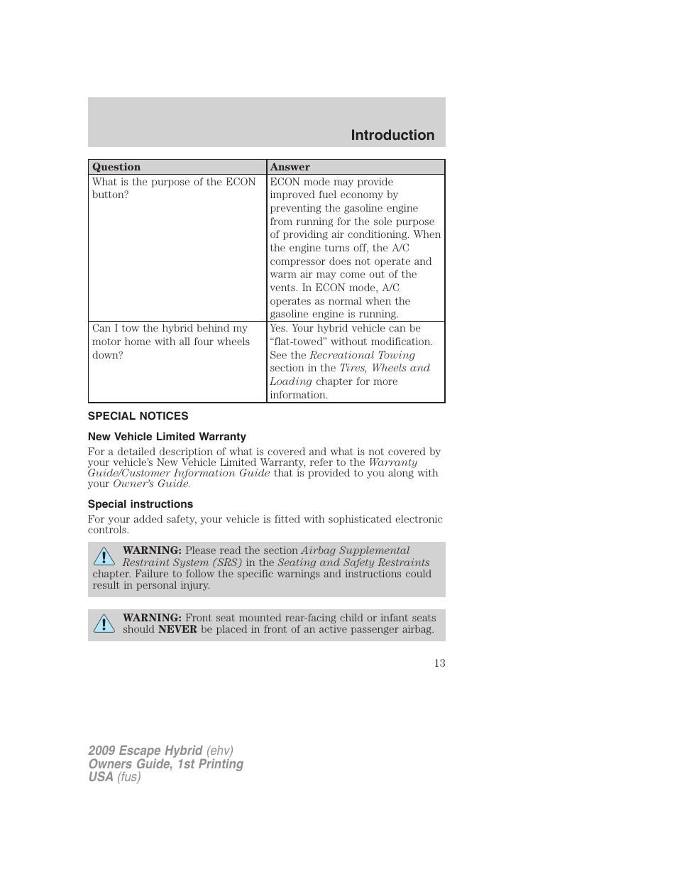Special notices, New vehicle limited warranty, Special instructions | Introduction | FORD 2009 Escape Hybrid v.1 User Manual | Page 13 / 333
