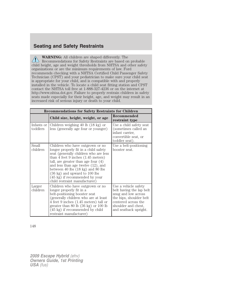 Seating and safety restraints | FORD 2009 Escape Hybrid v.1 User Manual | Page 148 / 333