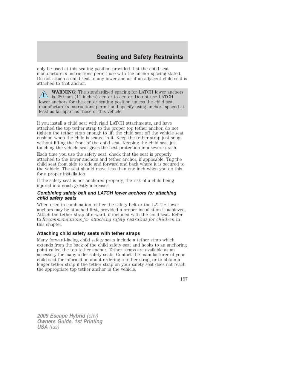 Attaching child safety seats with tether straps, Seating and safety restraints | FORD 2009 Escape Hybrid v.1 User Manual | Page 157 / 333