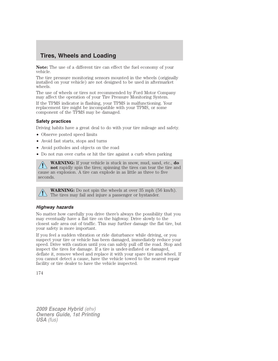Safety practices, Highway hazards, Tires, wheels and loading | FORD 2009 Escape Hybrid v.1 User Manual | Page 174 / 333