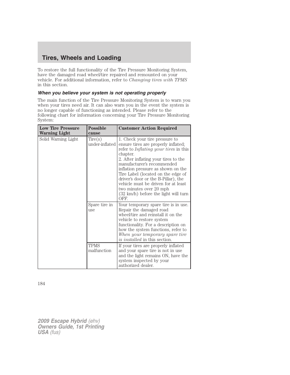 Tires, wheels and loading | FORD 2009 Escape Hybrid v.1 User Manual | Page 184 / 333