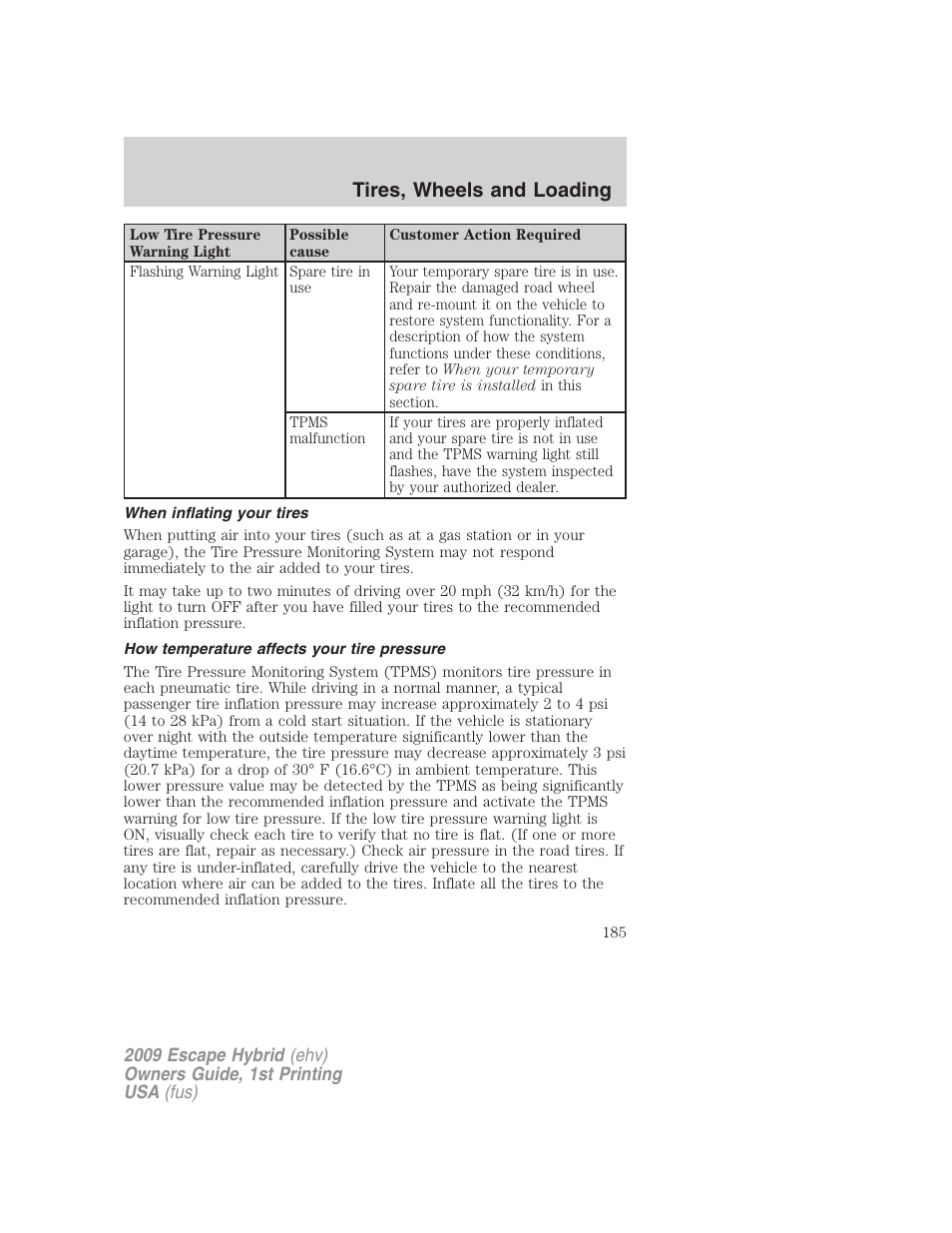 When inflating your tires, How temperature affects your tire pressure, Tires, wheels and loading | FORD 2009 Escape Hybrid v.1 User Manual | Page 185 / 333