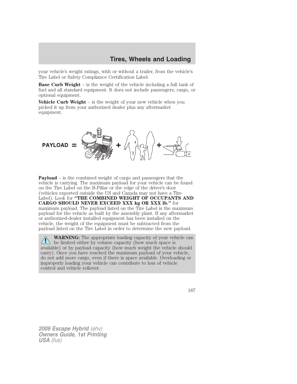 Tires, wheels and loading | FORD 2009 Escape Hybrid v.1 User Manual | Page 187 / 333