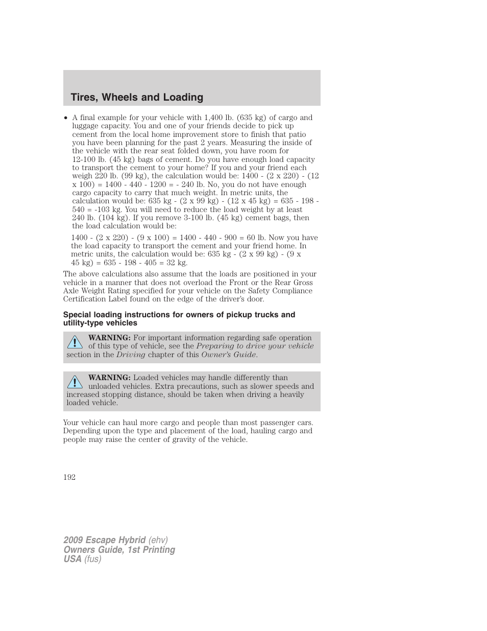 Tires, wheels and loading | FORD 2009 Escape Hybrid v.1 User Manual | Page 192 / 333