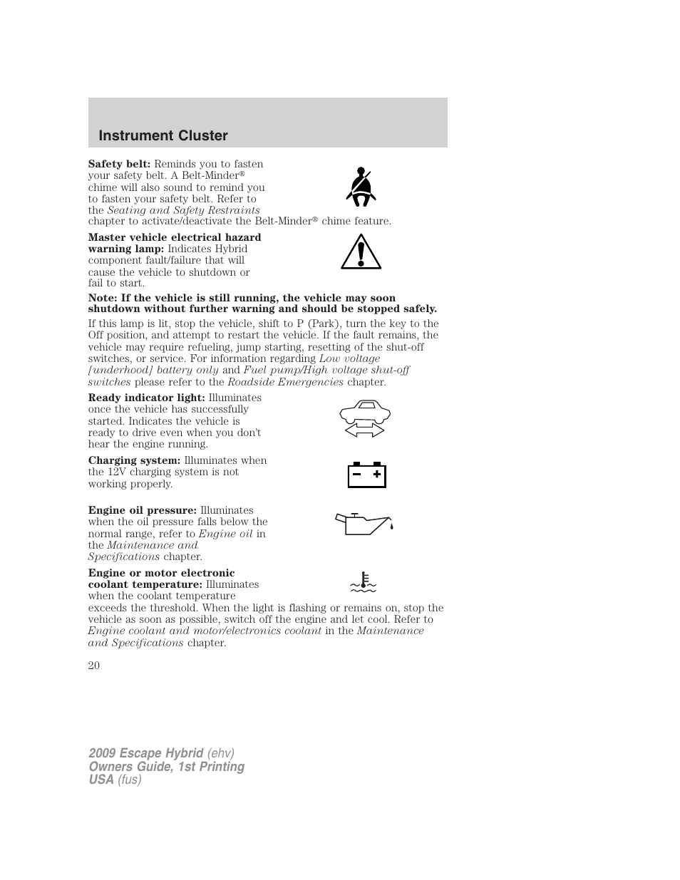 Instrument cluster | FORD 2009 Escape Hybrid v.1 User Manual | Page 20 / 333