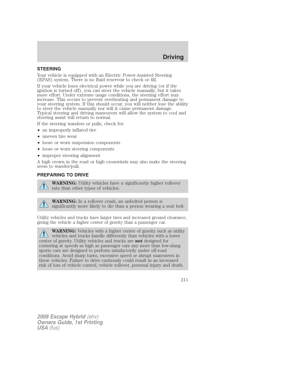 Steering, Preparing to drive, Driving | FORD 2009 Escape Hybrid v.1 User Manual | Page 211 / 333