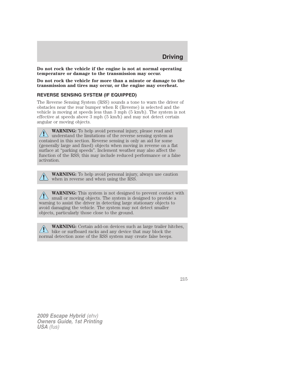 Reverse sensing system (if equipped), Reverse sensing system, Driving | FORD 2009 Escape Hybrid v.1 User Manual | Page 215 / 333