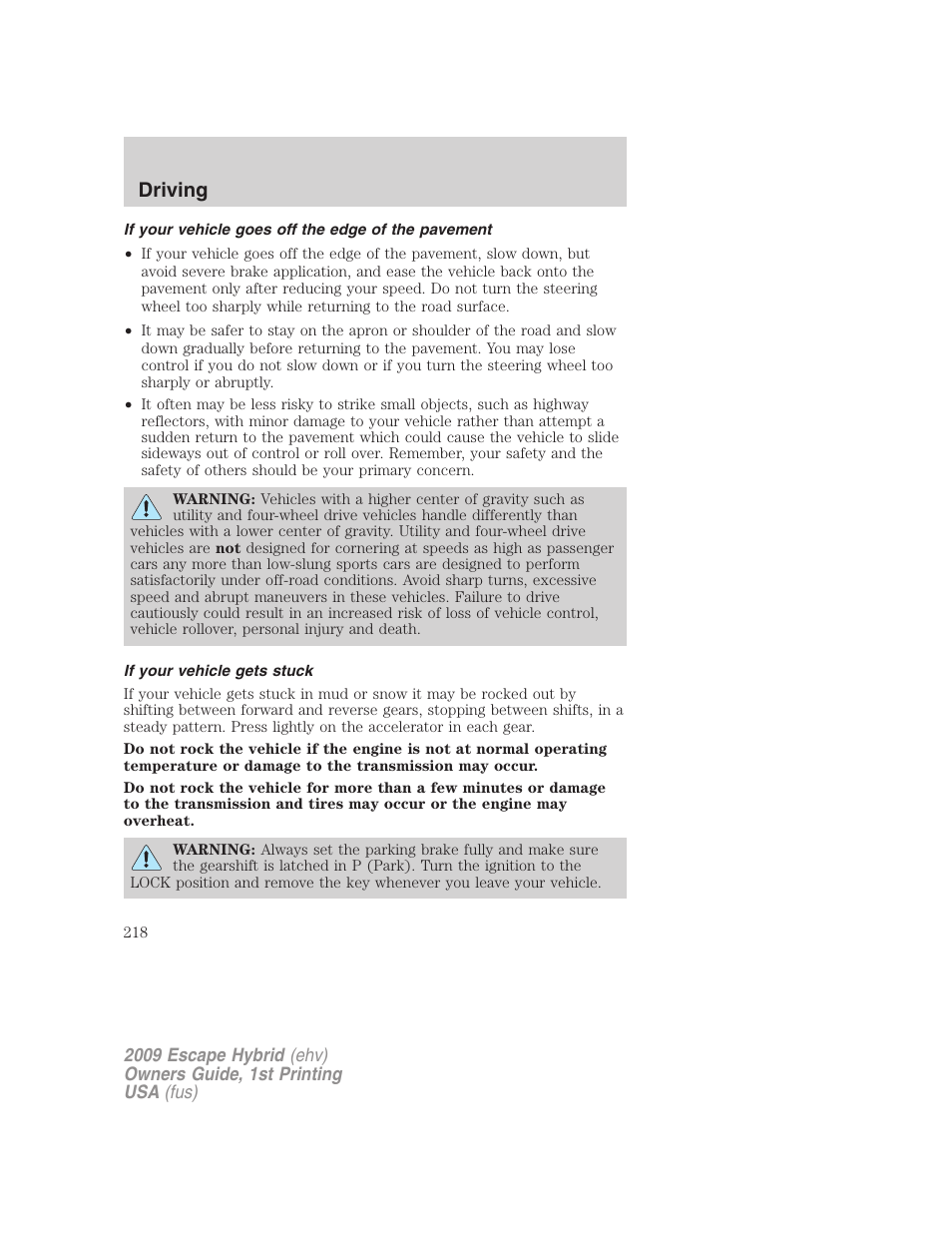 If your vehicle goes off the edge of the pavement, If your vehicle gets stuck, Driving | FORD 2009 Escape Hybrid v.1 User Manual | Page 218 / 333