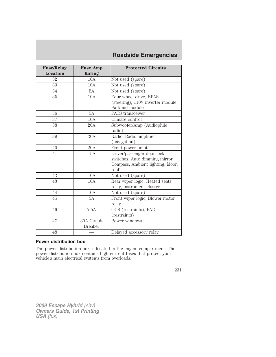 Power distribution box, Roadside emergencies | FORD 2009 Escape Hybrid v.1 User Manual | Page 231 / 333