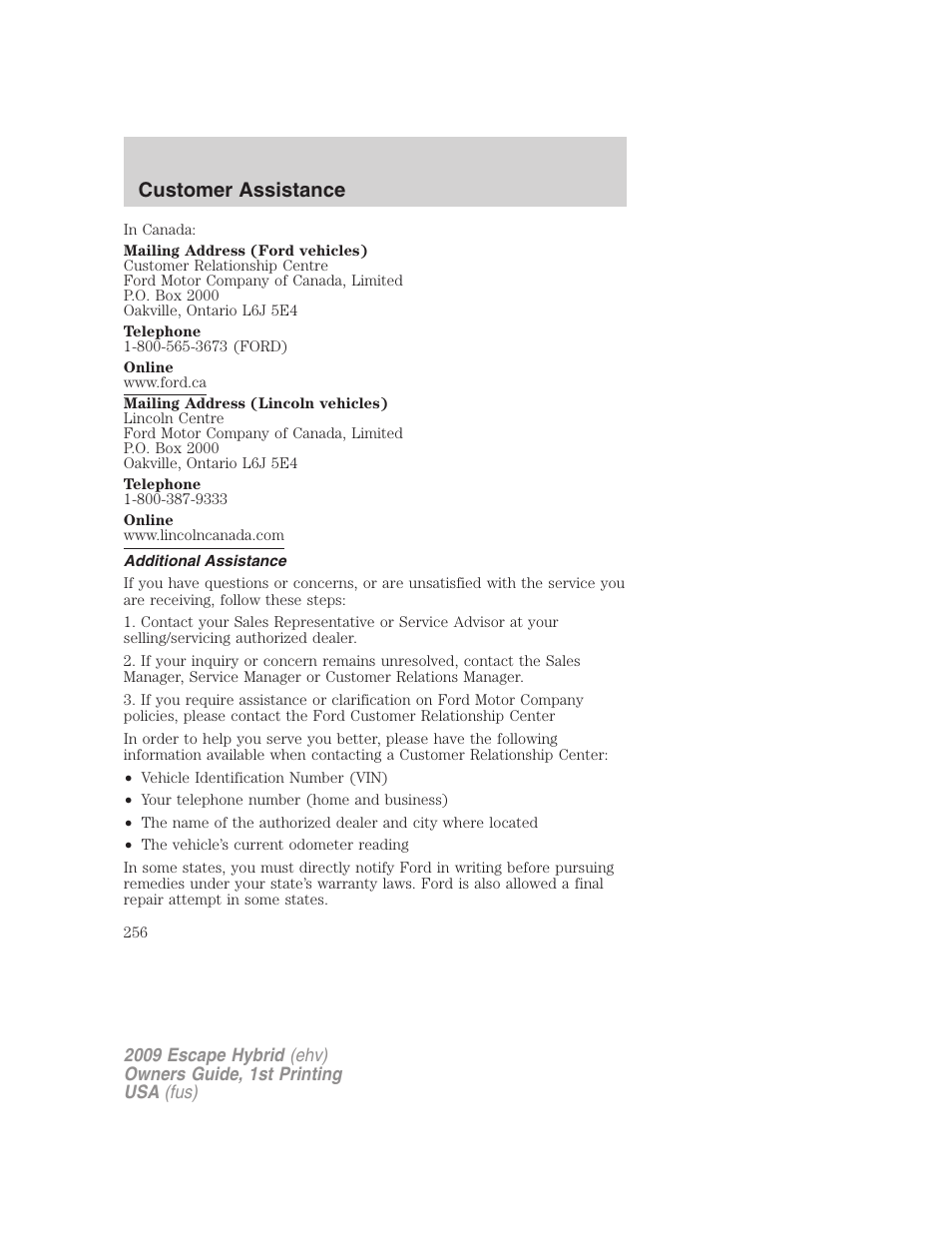 Additional assistance, Customer assistance | FORD 2009 Escape Hybrid v.1 User Manual | Page 256 / 333