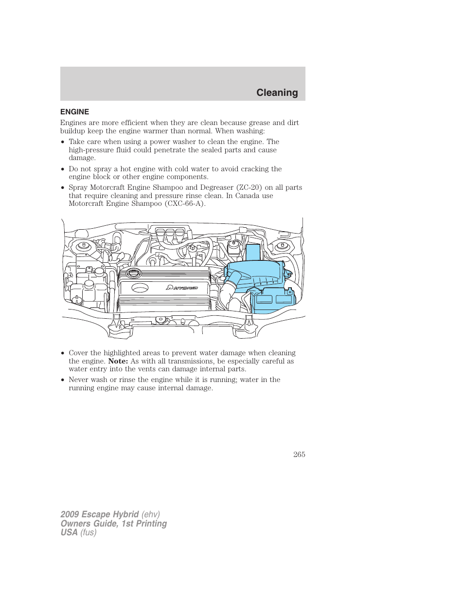 Engine, Cleaning | FORD 2009 Escape Hybrid v.1 User Manual | Page 265 / 333