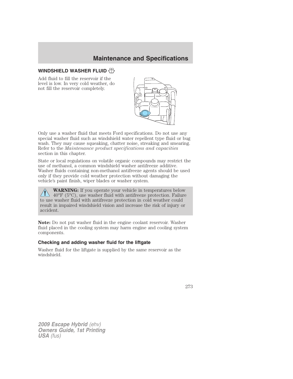 Windshield washer fluid, Checking and adding washer fluid for the liftgate, Maintenance and specifications | FORD 2009 Escape Hybrid v.1 User Manual | Page 273 / 333