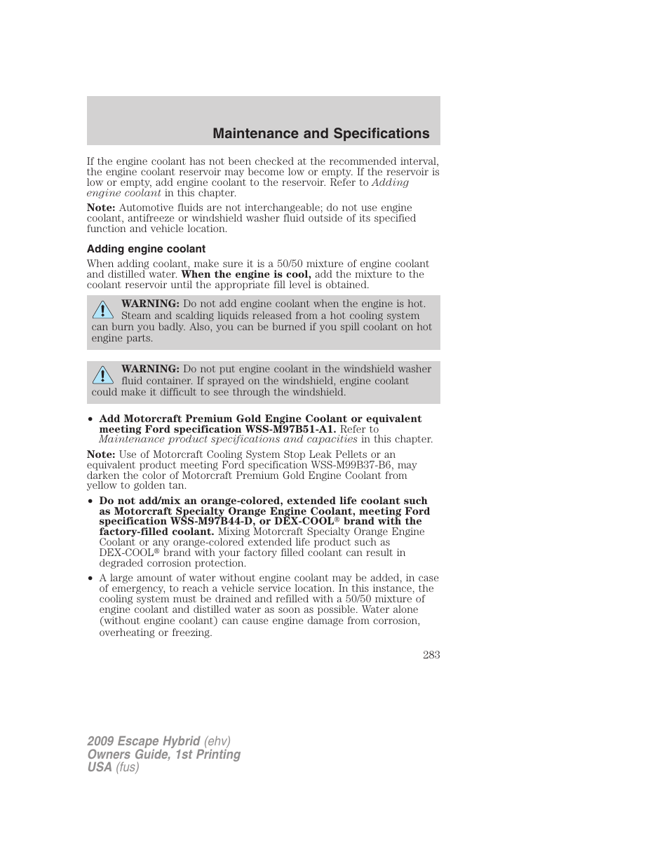 Adding engine coolant, Maintenance and specifications | FORD 2009 Escape Hybrid v.1 User Manual | Page 283 / 333
