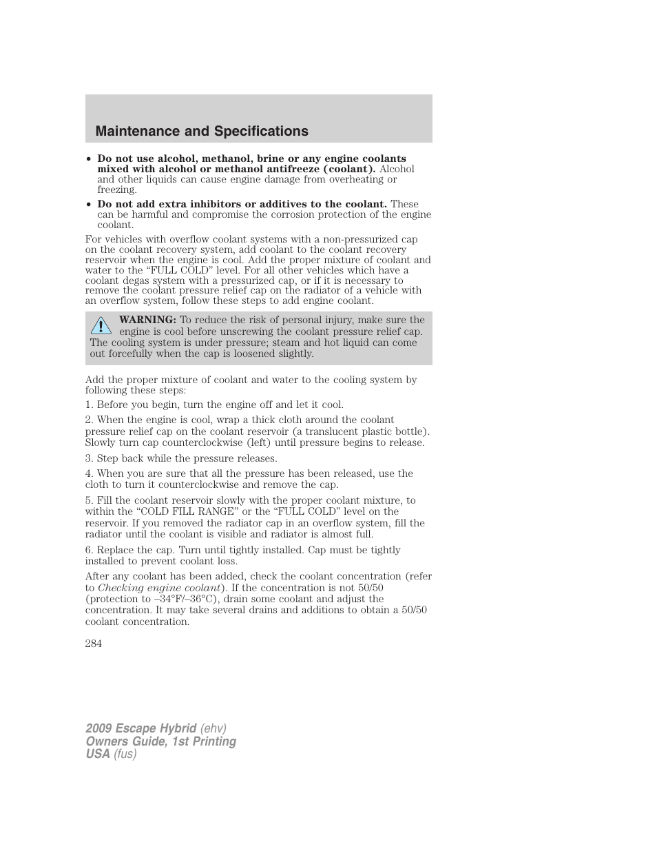 Maintenance and specifications | FORD 2009 Escape Hybrid v.1 User Manual | Page 284 / 333