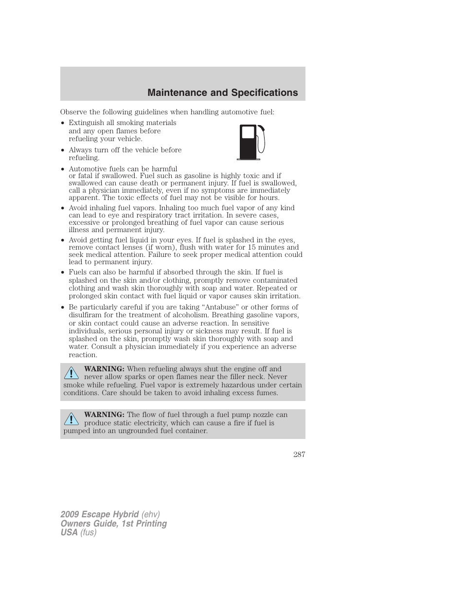 Maintenance and specifications | FORD 2009 Escape Hybrid v.1 User Manual | Page 287 / 333