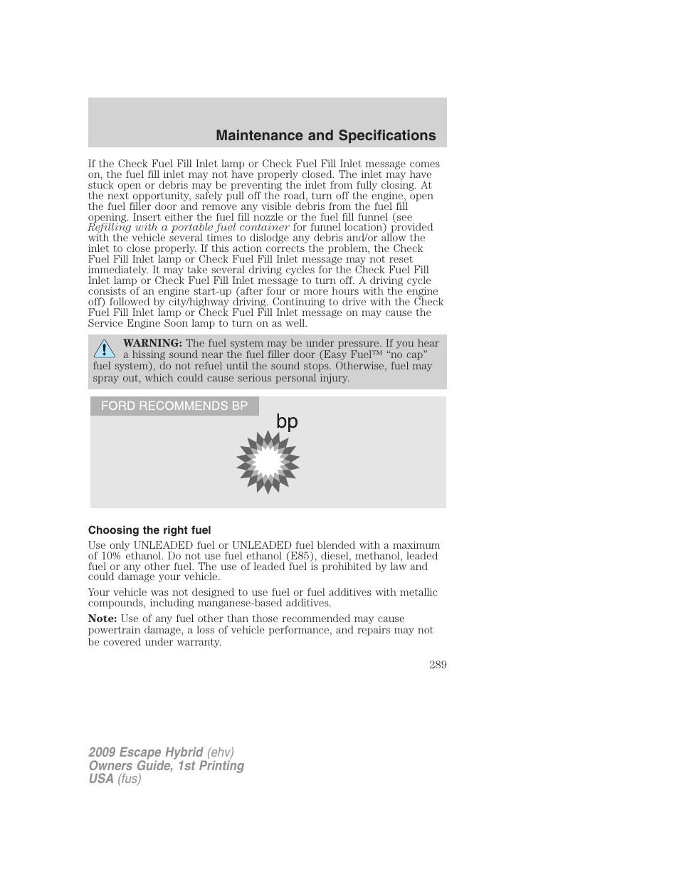 Choosing the right fuel, Maintenance and specifications | FORD 2009 Escape Hybrid v.1 User Manual | Page 289 / 333