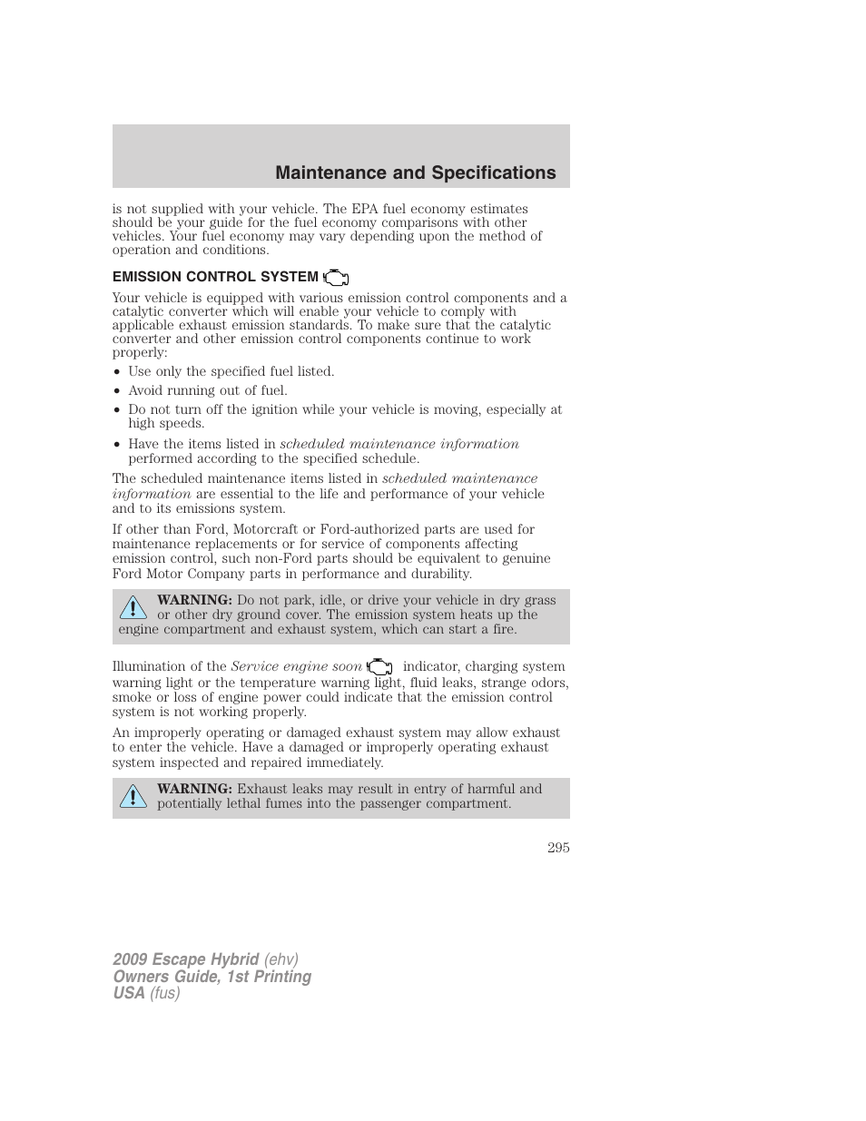 Emission control system, Maintenance and specifications | FORD 2009 Escape Hybrid v.1 User Manual | Page 295 / 333