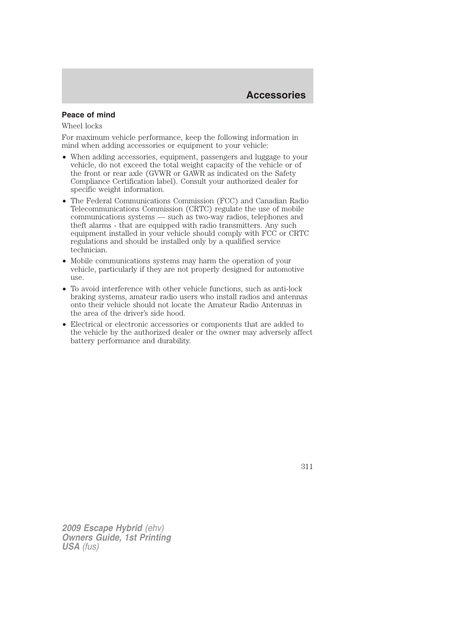Peace of mind, Accessories | FORD 2009 Escape Hybrid v.1 User Manual | Page 311 / 333