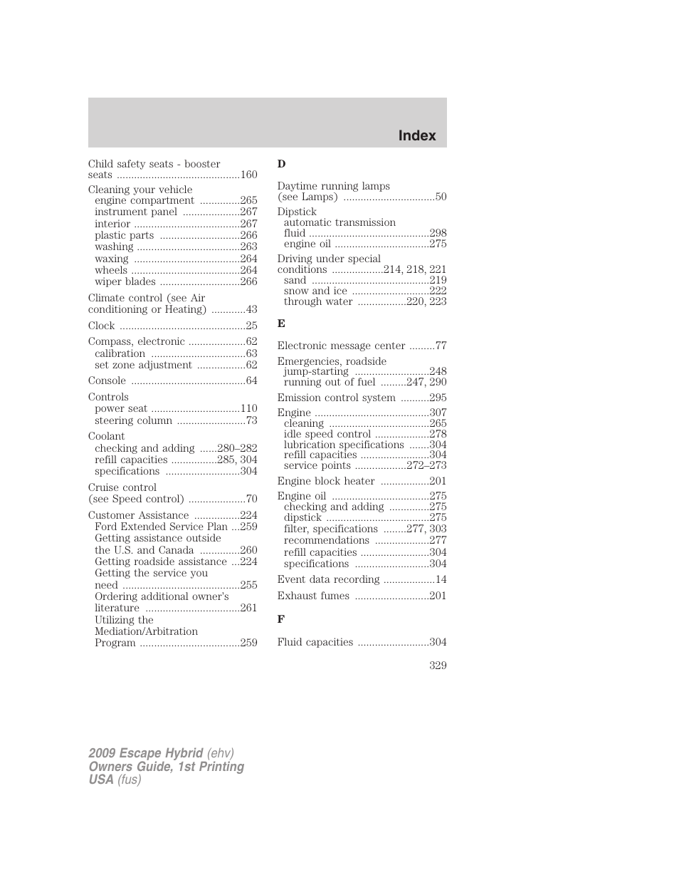 Index | FORD 2009 Escape Hybrid v.1 User Manual | Page 329 / 333