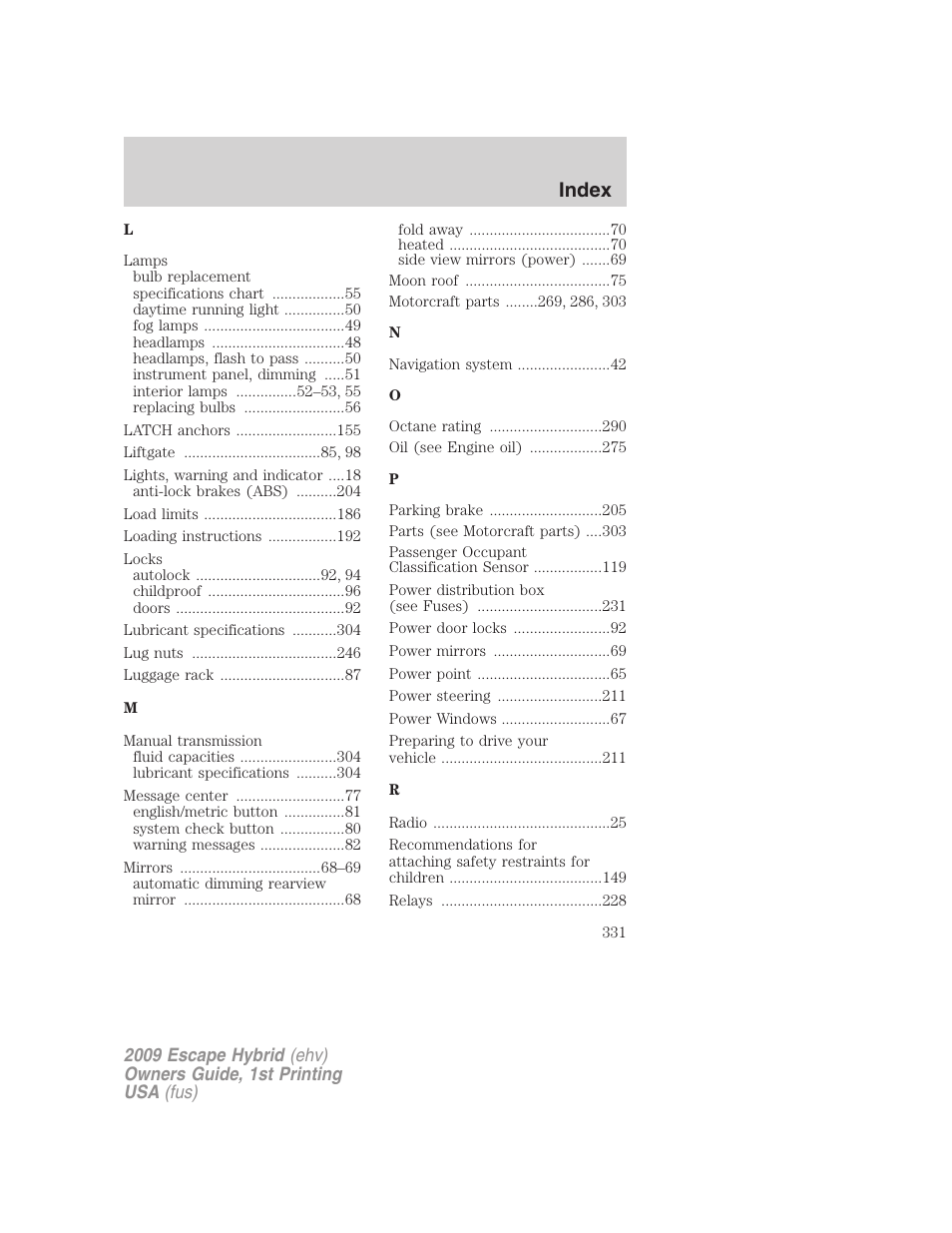 Index | FORD 2009 Escape Hybrid v.1 User Manual | Page 331 / 333